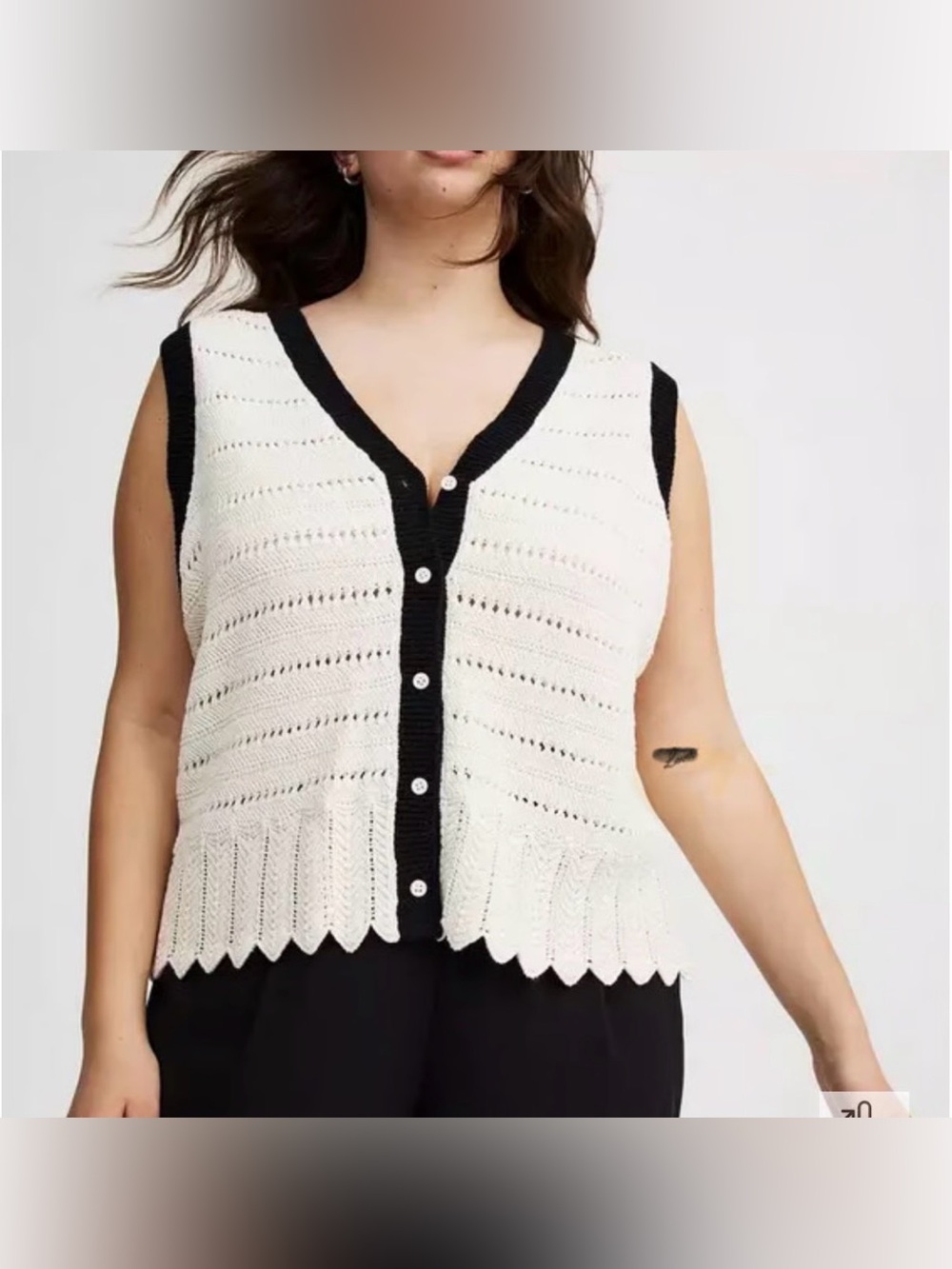 Torrid Sweater Vest Ivory Black Contrast Trim Pointelle Button Front Knit 1X